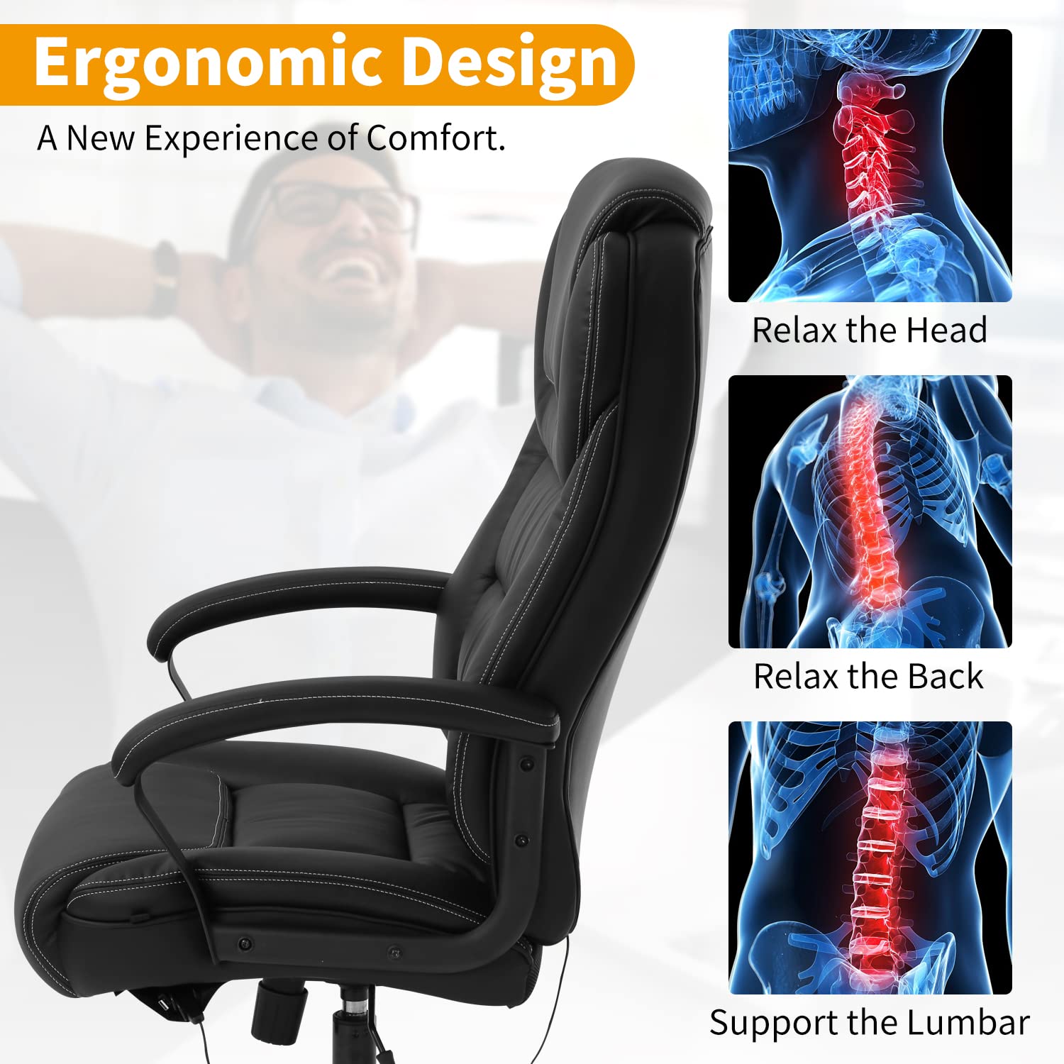 Heavy Duty Big and Tall Office Chair for 500lbs - Ergonomic Executive Desk Chair with Lumbar Support, Adjustable Armrest & Headrest - PU Leather Computer Task Chair for Home & Office - Black    Perfect for large individuals needing extra support during long work hours, gaming sessions, or home office use.