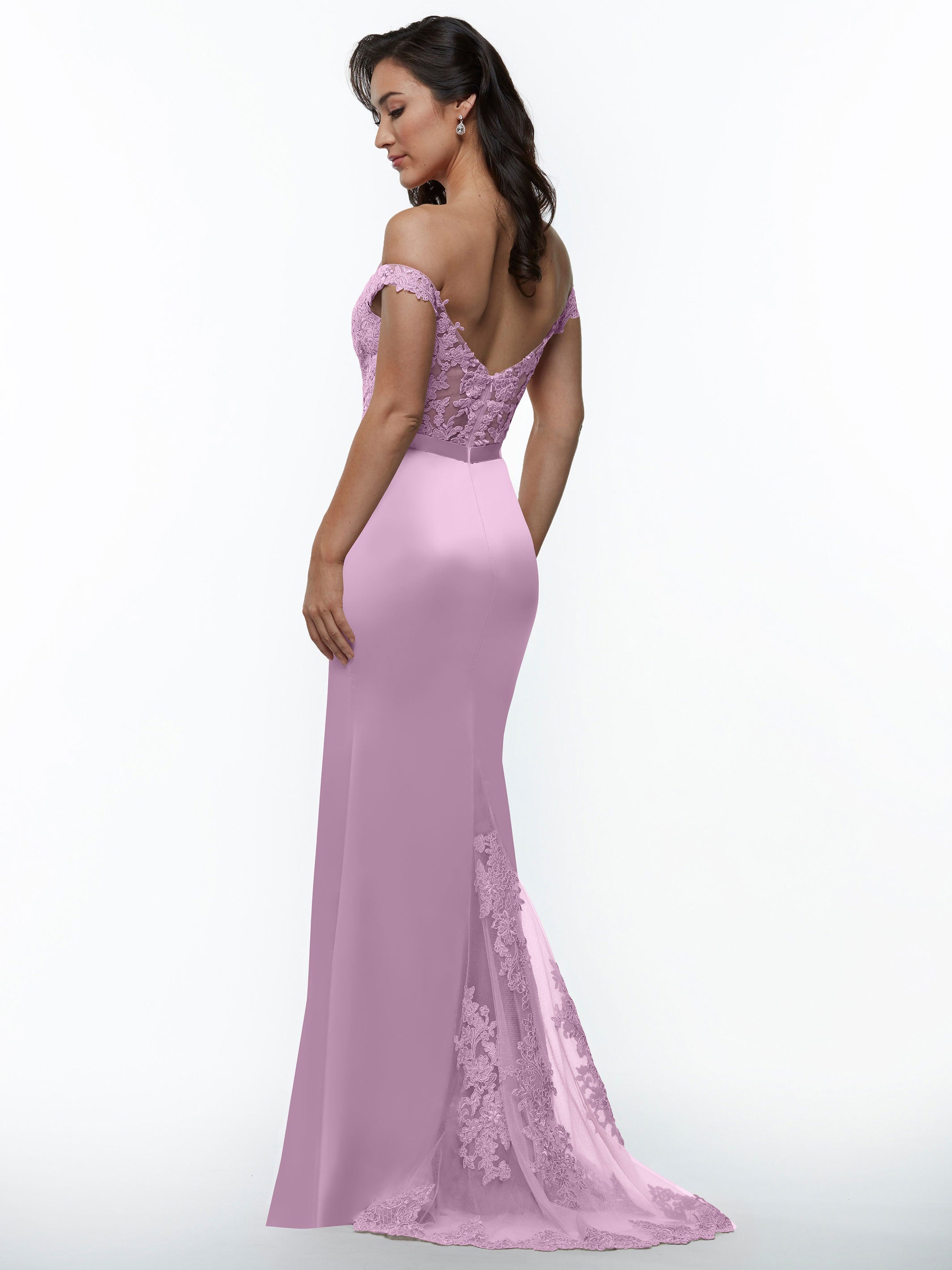 Elegant Off-the-Shoulder Satin Bridesmaid Dress with Lace Bodice & Waist Sash - Perfect for Weddings, Formal Events & Special Occasions