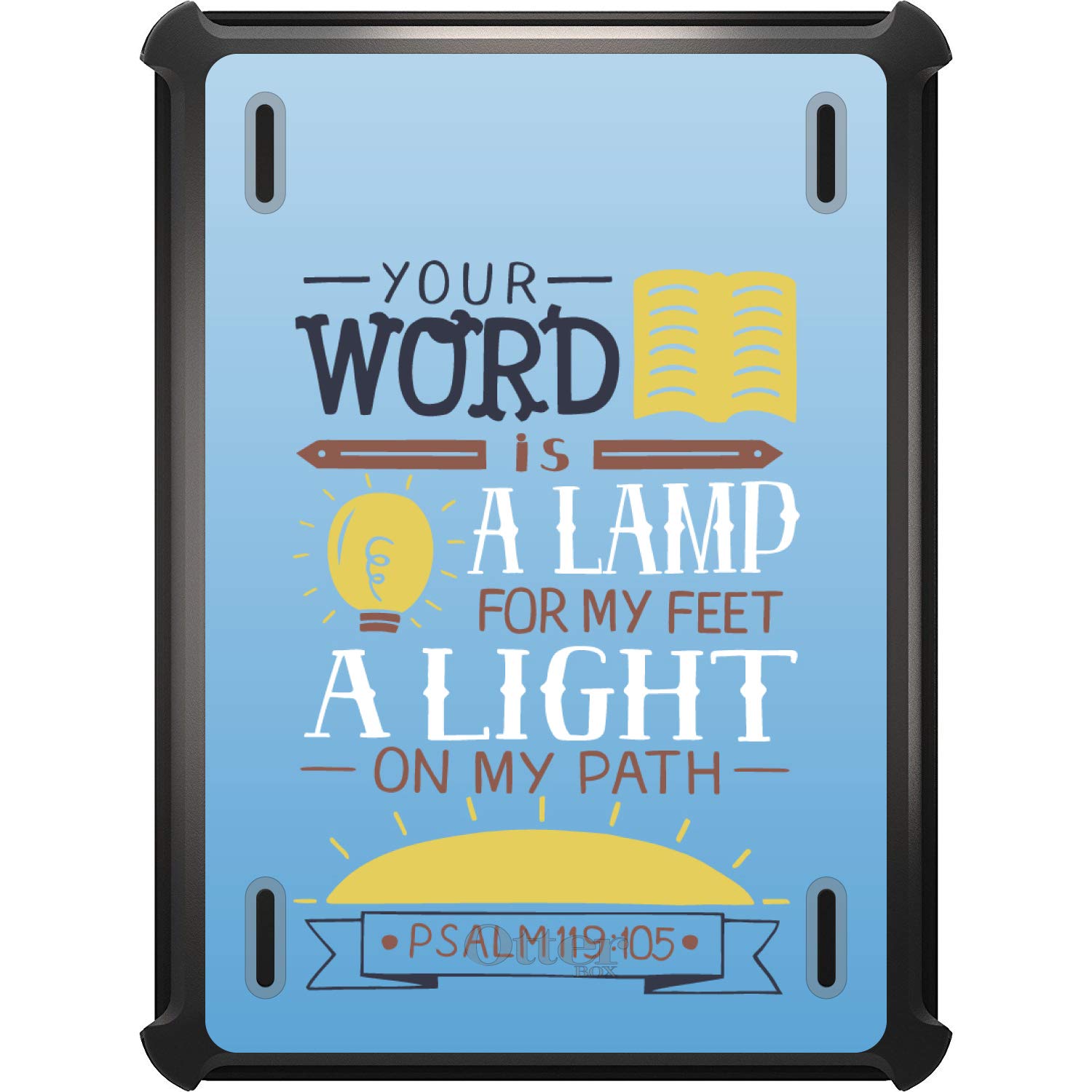 DistinctInk Protective Case for iPad 5th/6th Generation (2017 Model) - Shockproof Black Replacement Cover with Built-in Stand - Bible Verse Psalm 119:105 Design - Perfect for Work, School & Travel Protection
