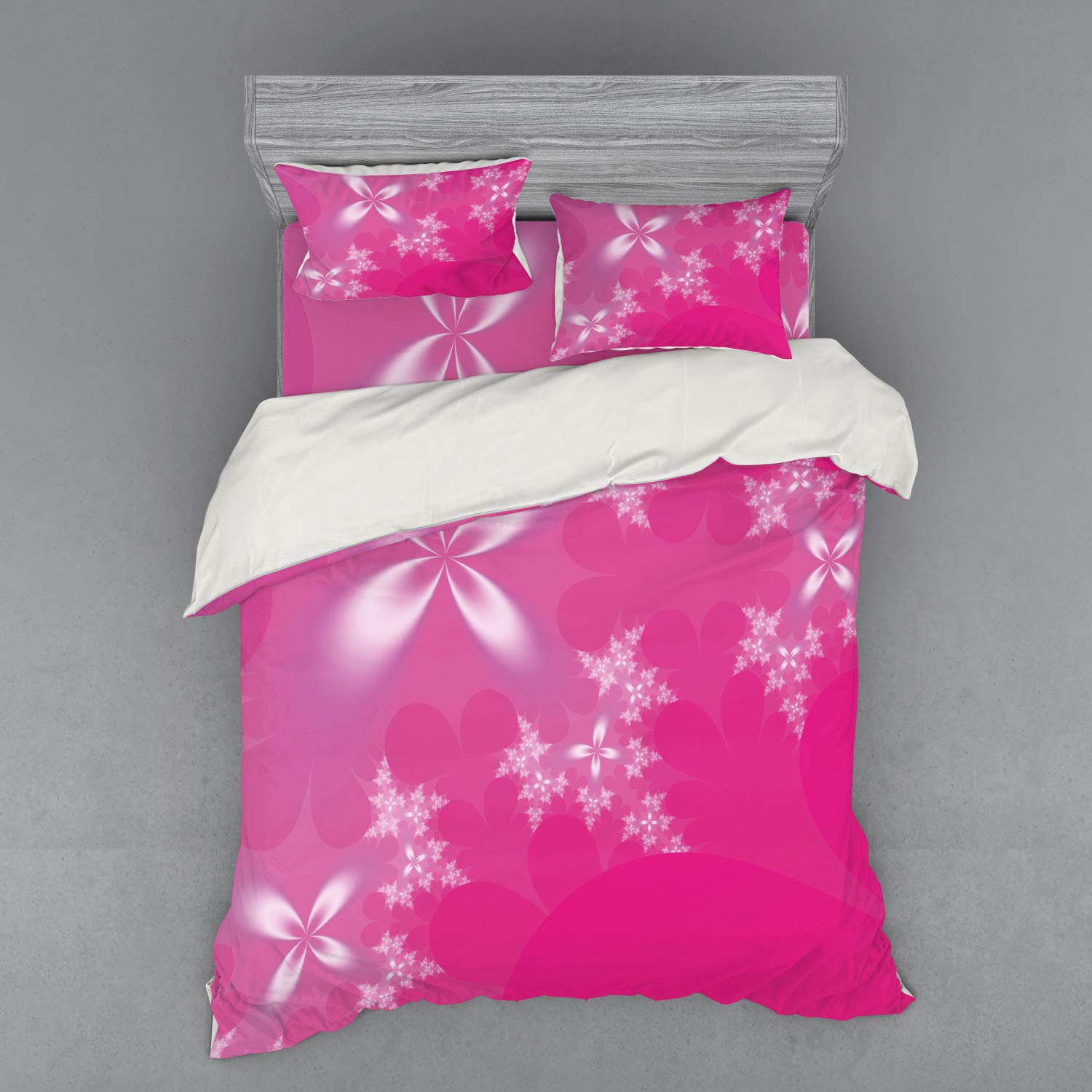 Ambesonne Hot Pink Duvet Cover Set - Vibrant Floral Design Queen Size 4-Piece Bedding with Shams & Fitted Sheet | Modern Abstract Pink White Decor for Master Bedroom, Guest Room & Dorm