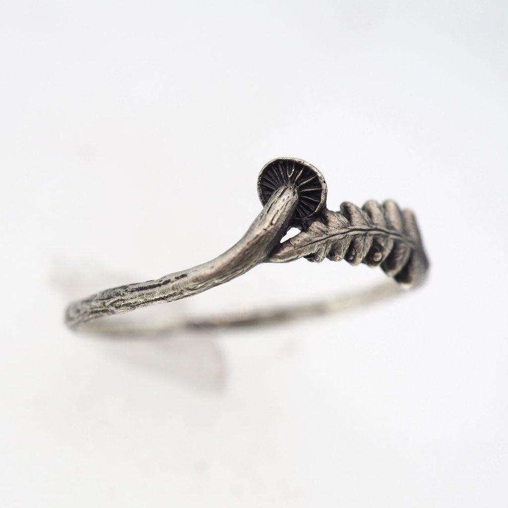 Delicate Tiny Fern and Mushroom Silver Ring - Dainty Botanical Jewelry for Women - Perfect for Nature Lovers, Boho Style, and Everyday Wear
