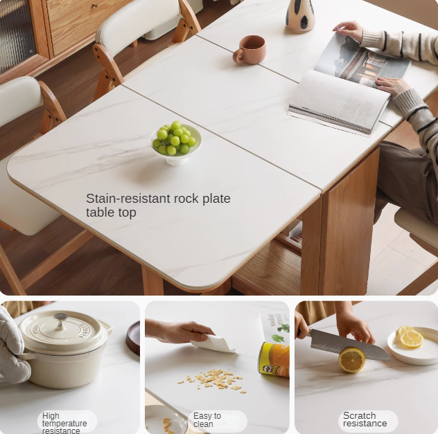 Solid Oak Wood Modern Rock Slab Folding Dining Table - Extendable Space-Saving Design for Small Apartments, Kitchens & Outdoor Dining