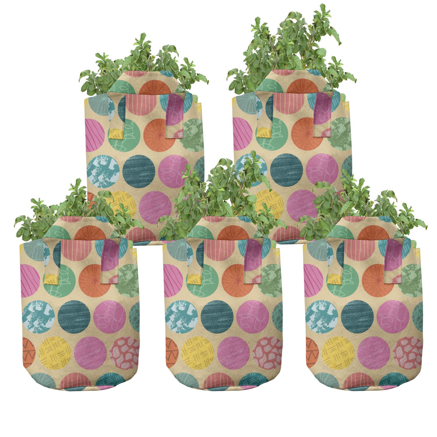 Ambesonne 5-Pack Heavy Duty Camo Print Grow Bags - Olive Green & Beige Leaf Pattern Fabric Plant Pots with Handles for Vegetables, Herbs & Flowers | Indoor & Outdoor Gardening, Balcony Planting, Urban Farming