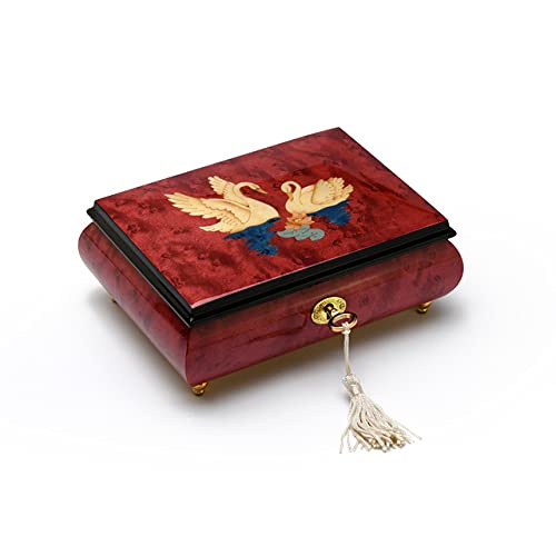 Handcrafted Italian 30-Note Red Wine Music Box with Swan Wood Inlay - Godfather Theme 