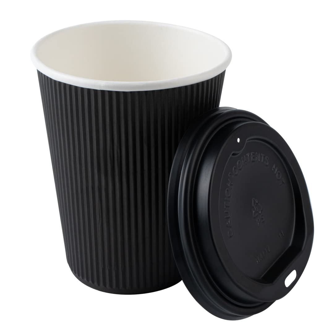 200 Pack 12oz Insulated Black Paper Coffee Cups with Lids - Leakproof & Non-Slip Ripple Wall Hot Cups for Tea, Hot Cocoa, Lattes - Perfect for Coffee Shops, Offices, Catering & Events