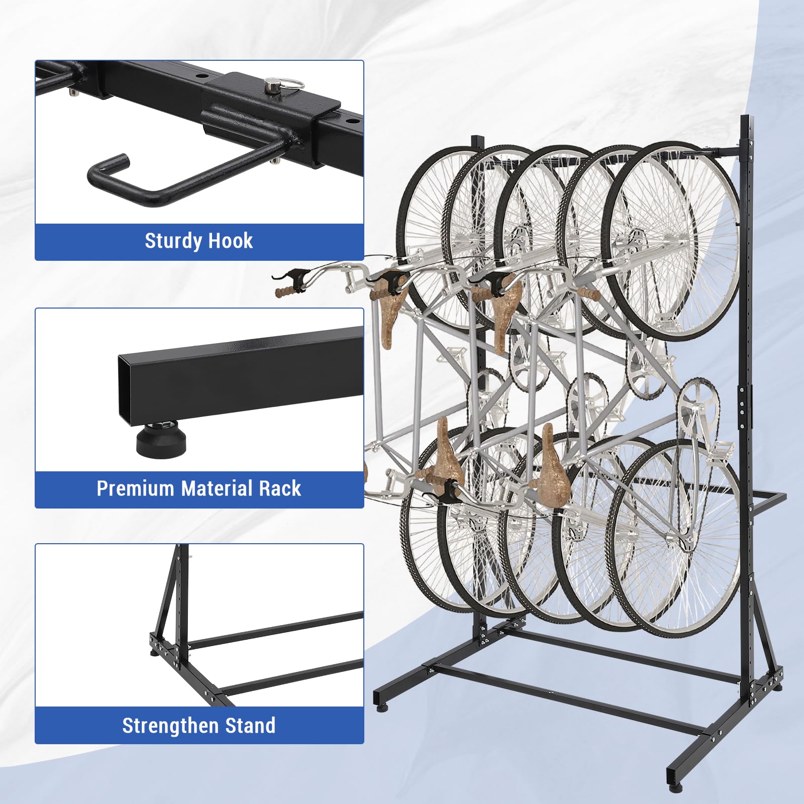Heavy Duty Freestanding Bike Rack for 5 Bicycles - 300 lbs Capacity Vertical Bike Storage Stand with Adjustable Height - Indoor/Outdoor Use for Garage, Basement & Apartment Organization