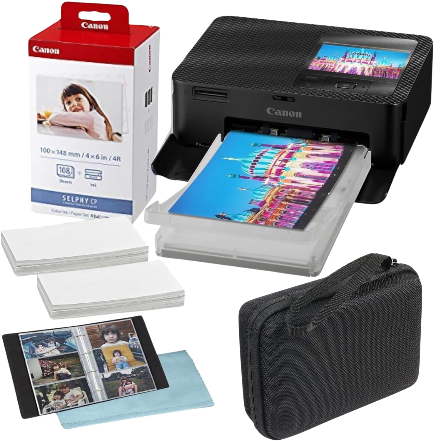 Canon Selphy CP1500 Wireless Compact Photo Printer with KP-108IN Ink Paper Set, Deluxe Photo Album, Hard Case & Cleaning Cloth (Black) - Perfect for Home Printing, Travel & Gift Giving