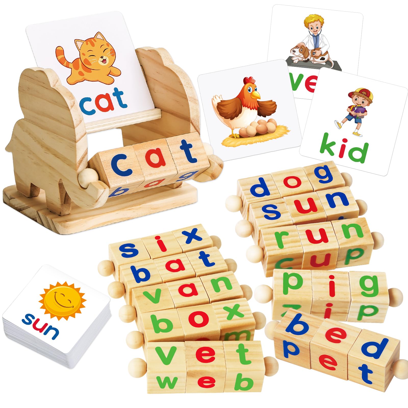 Montessori Wooden Reading Blocks & Flash Card Games - Educational Learning Toys for Kids Ages 3-5, Preschool Kindergarten Activities, Alphabet Matching Rotating Letter Blocks (Perfect for Homeschooling & Early Childhood Development)