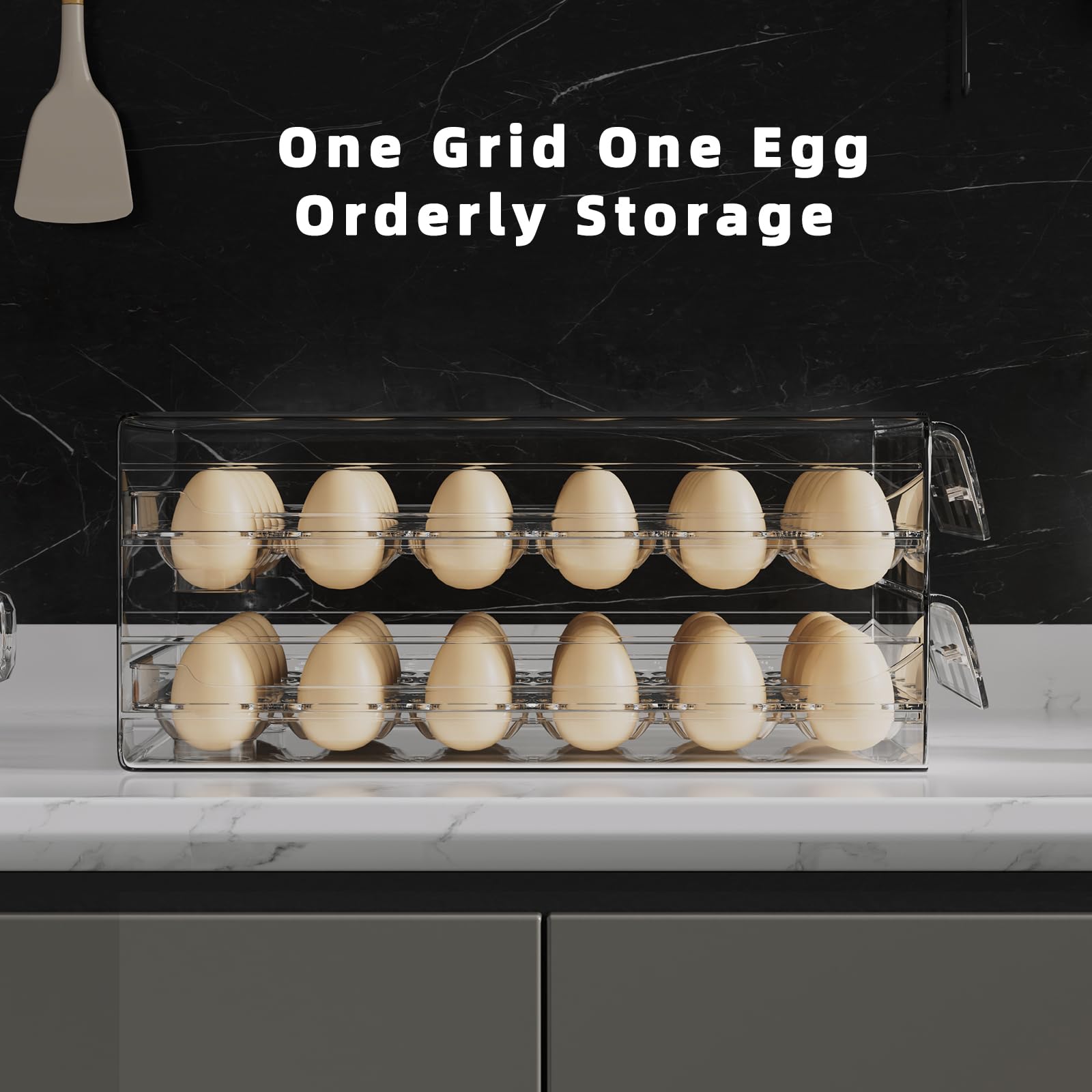 Clear 24 Egg Holder for Refrigerator - High Capacity Stackable Egg Organizer with Time Scale & Drawers (2 Layer, 7.9