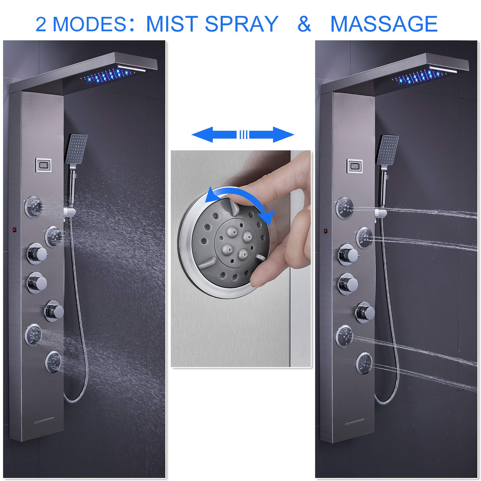 6 in 1 Stainless Steel LED Shower Panel Tower System with Rainfall Showerhead, Waterfall, Massage Jets, Tub Spout & Handheld - MENATT Brushed Finish for Luxurious Bathroom Upgrade | Perfect for Spa-Like Experience at Home