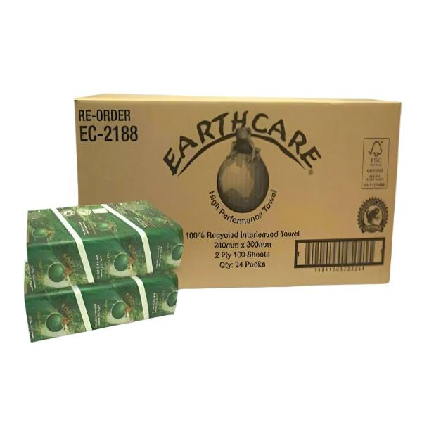 Earthcare Recycled Interleaved Hand Towel 24 X 30cm (9.5 X 12 Inches) | 2400 Sheets | Eco-Friendly Paper Towels for Kitchen, Bathroom & Office Use