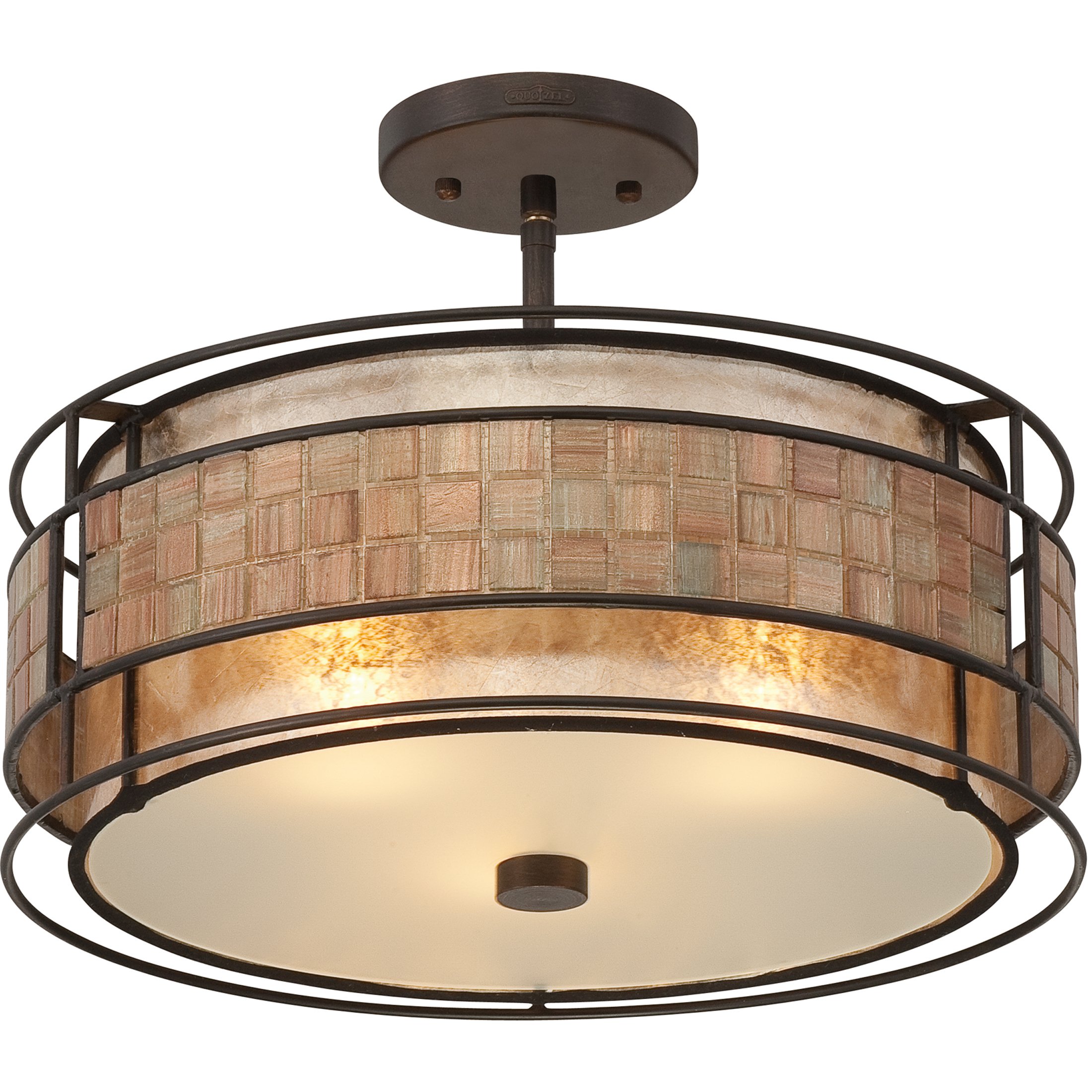 Quoizel Laguna 3-Light Semi-Flush Mount Ceiling Light - Renaissance Copper Finish with Mosaic Tile Stripe & Taupe Mica Shade - Traditional Classic Ceiling Light for Dining Room, Bedroom, or Hallway Lighting