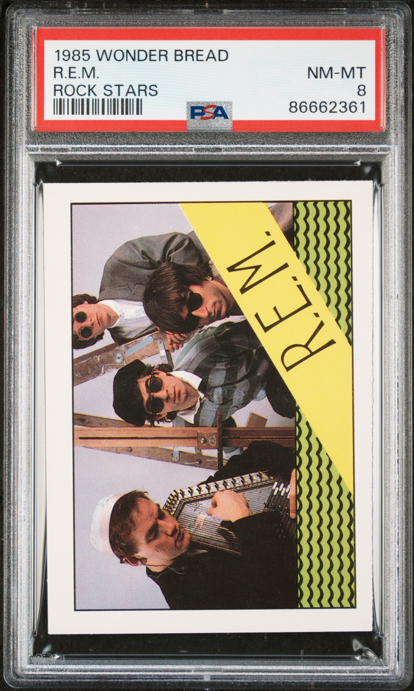 1985 Wonder Bread Rock Stars R.E.M. PSA 8 Graded Trading Card - Perfect for Music Memorabilia Collectors & 80s Nostalgia Fans