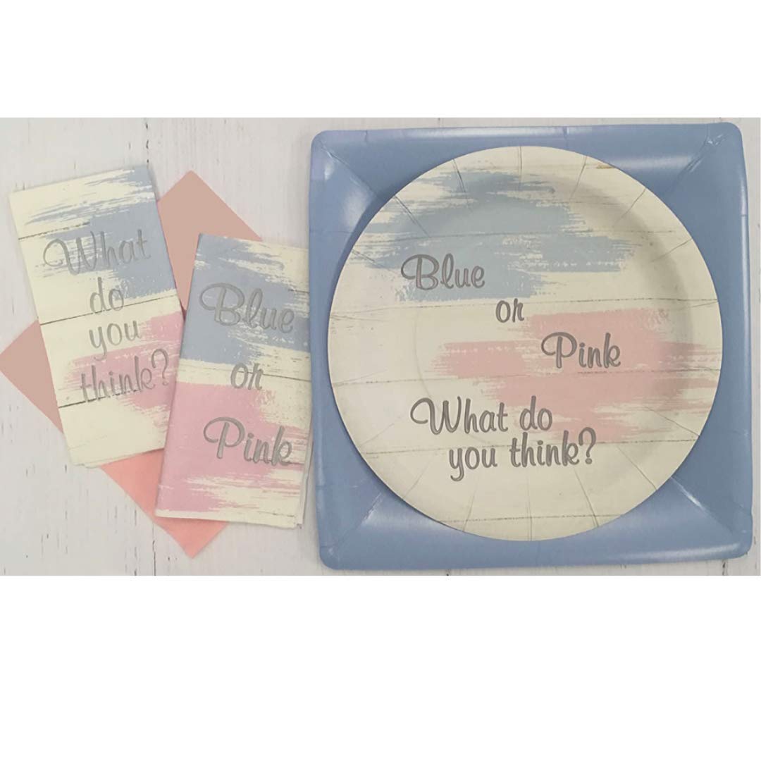 Blue or Pink Painted Shiplap Gender Reveal Party Supplies - 16-Piece Disposable Tableware Set with Plates, Napkins & Cups - Perfect for Baby Showers & Gender Announcement Parties