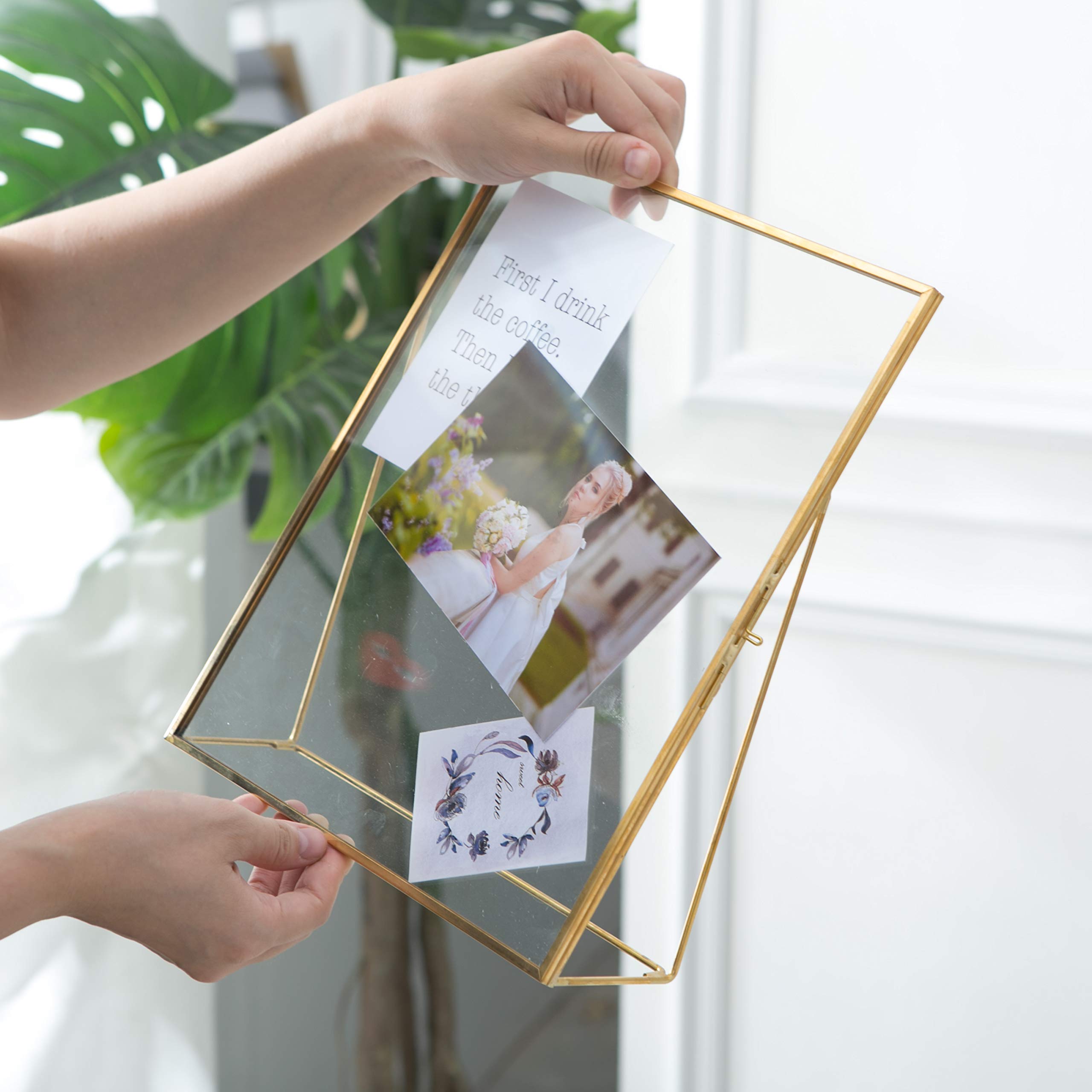 Large Rectangle Gold Picture Frame - 9.5x11.5 Inch Double Glass & Golden Metal Photo Frame for Family Photos, Desk, Vanity, Dresser | Nordic Home Decor for Bedroom, Living Room, Office & Gift Giving