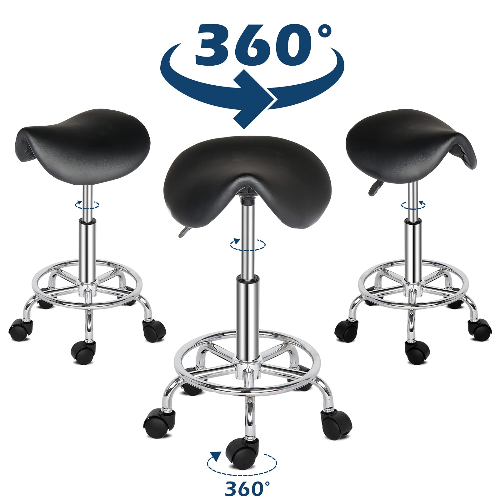 **Winado Adjustable Height Bar Stool - 360° Swivel Rolling Saddle Stool with PU Leather & Casters Wheels for Kitchen, Dining, Bistro, Salon, Spa - Modern Armless Bar Chair (Black)**    **Usage Scenarios:** Perfect for home kitchens, dining rooms, cafes, bars, salons, spas, and office break rooms.