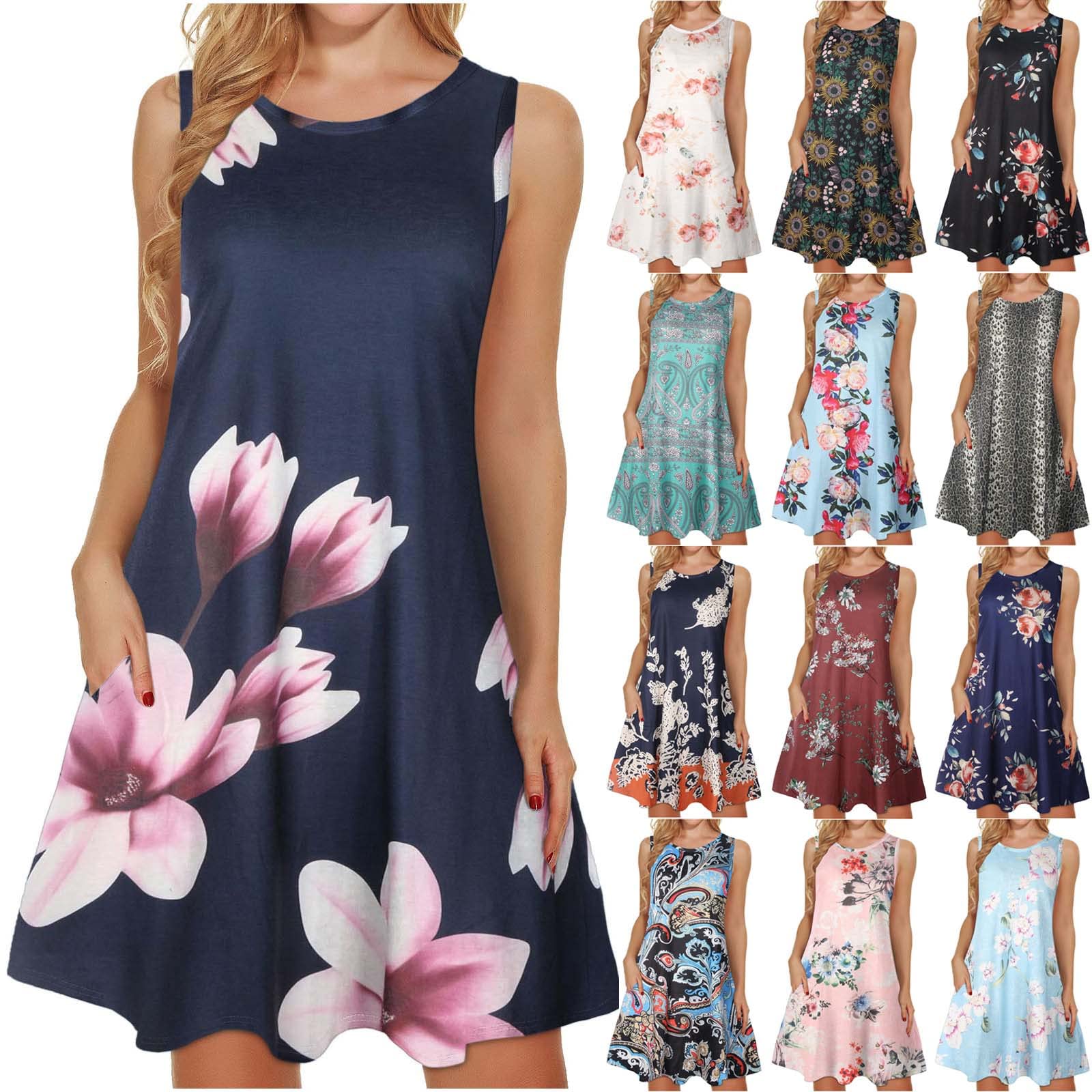 Jsarle Women's Summer Floral Mini Dress - Casual Sleeveless Round Neck Boho Tank Dress with Pockets, Plus Size | Perfect for Beach Vacations, Date Nights & Summer Outings