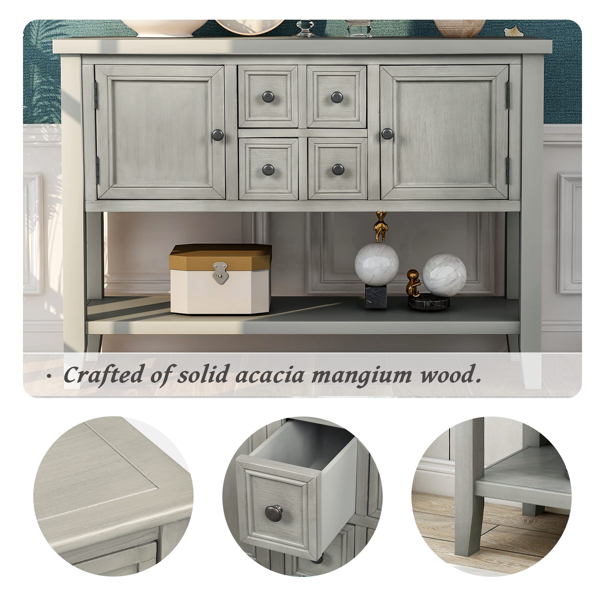 Modern Solid Wood Console Table with 6 Drawers - Retro Buffet Cabinet for Dining & Living Room