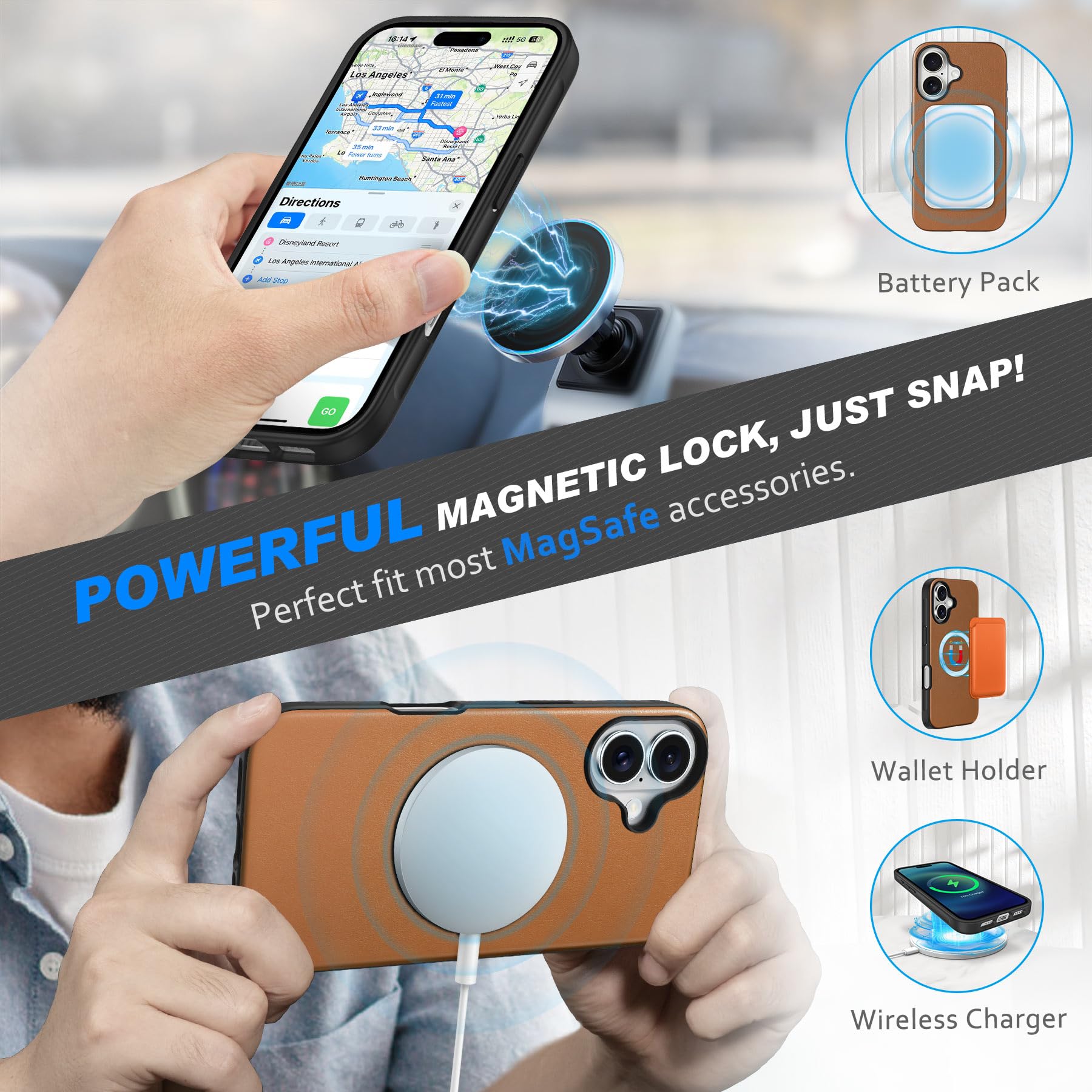 SHIELDON Genuine Leather 2-in-1 Wallet Case for iPhone 16 with Wireless Charging, Detachable Kickstand & RFID Blocking Card Holder - Magnetic Phone Cover for Everyday Protection (Saddle Brown) | Perfect for Work, Travel and Hands-Free Viewing