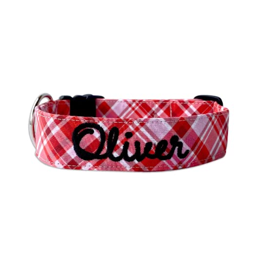 Duke & Fox® Custom Embroidered Plaid Dog Collar - Personalized Pet Collar with Name - Valentine's Day Gift for Dogs - Perfect for Walks, Training & Special Occasions