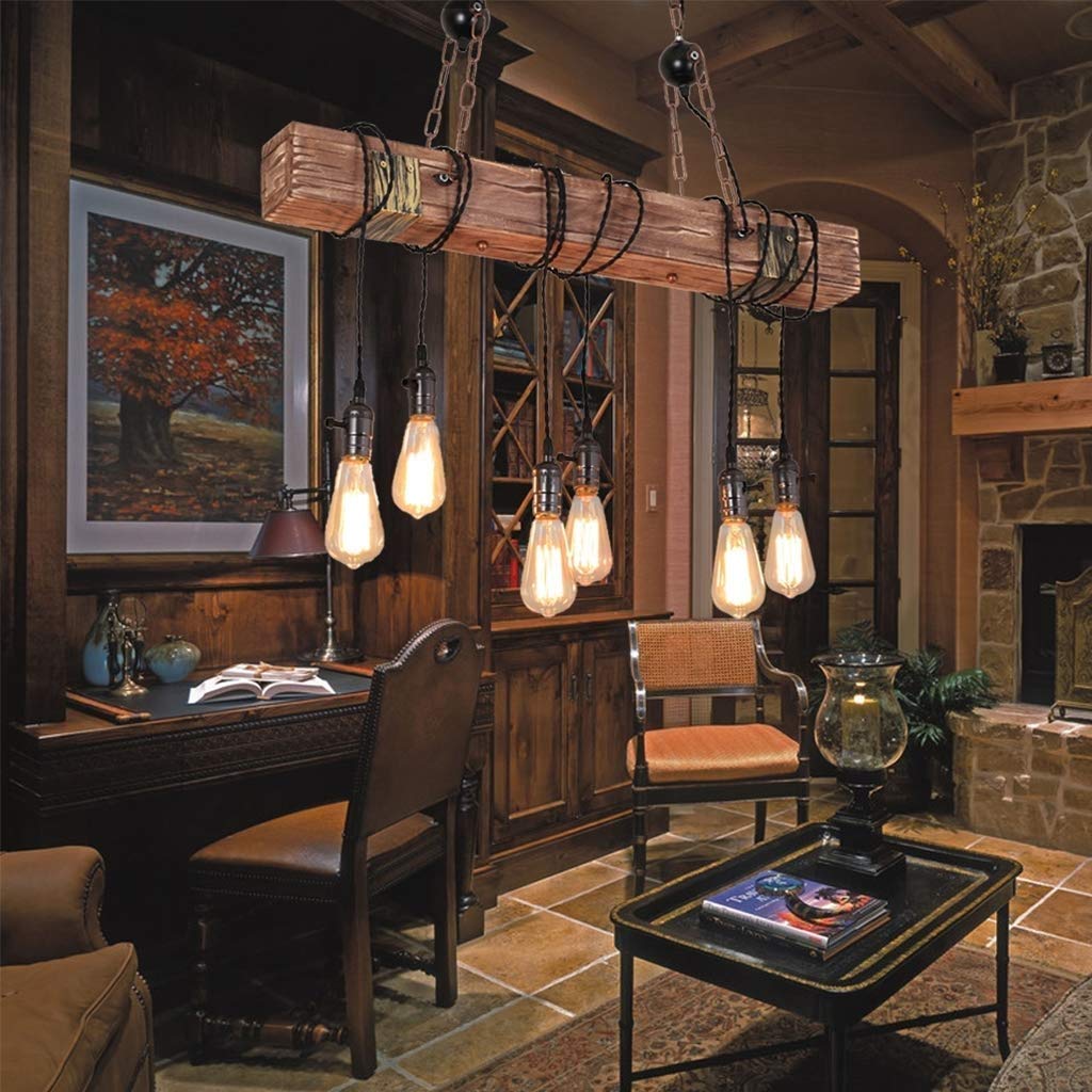 Rustic Farmhouse Chandelier - 6 Light Industrial Hanging Pendant with Adjustable Height & Switch - Perfect for Dining Room, Kitchen Island, and Entryway Lighting