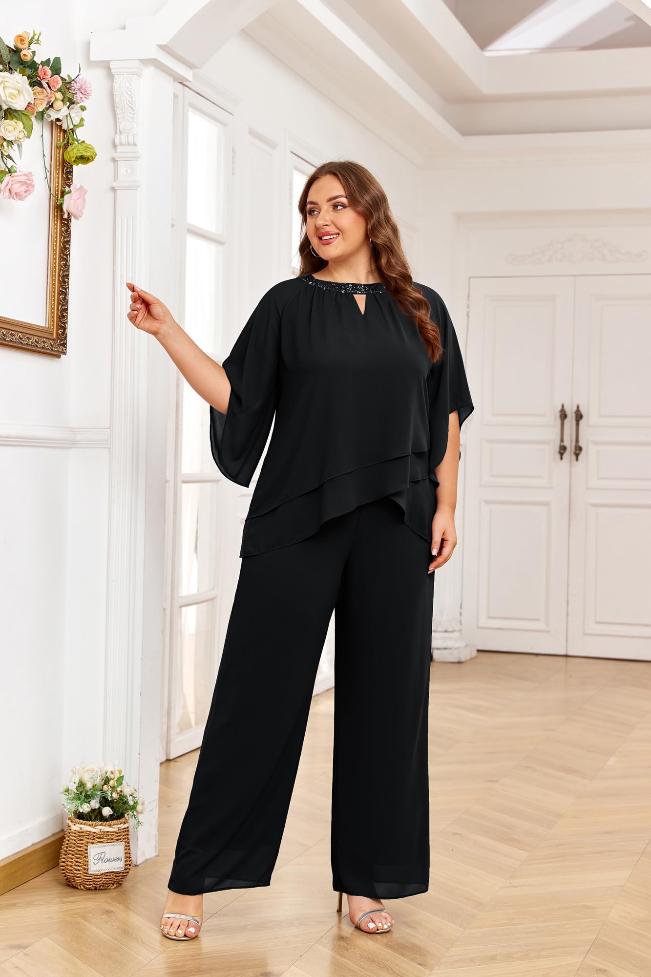 Hanna Nikole Plus Size Mother of the Bride Pant Suits - Elegant 2-Piece Chiffon Pantsuit with Half Sleeves for Wedding Guest & Formal Occasions | Perfect for Church Ceremonies, Receptions & Special Events
