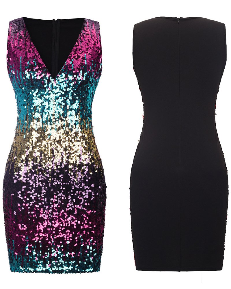 FOURSTEEDS Women's Sexy Iridescent Sequin Bodycon Dress - Deep V Neck, Glitter Stretchy Mini Party Gown for Nightclub, Prom, Cocktail & Evening Events