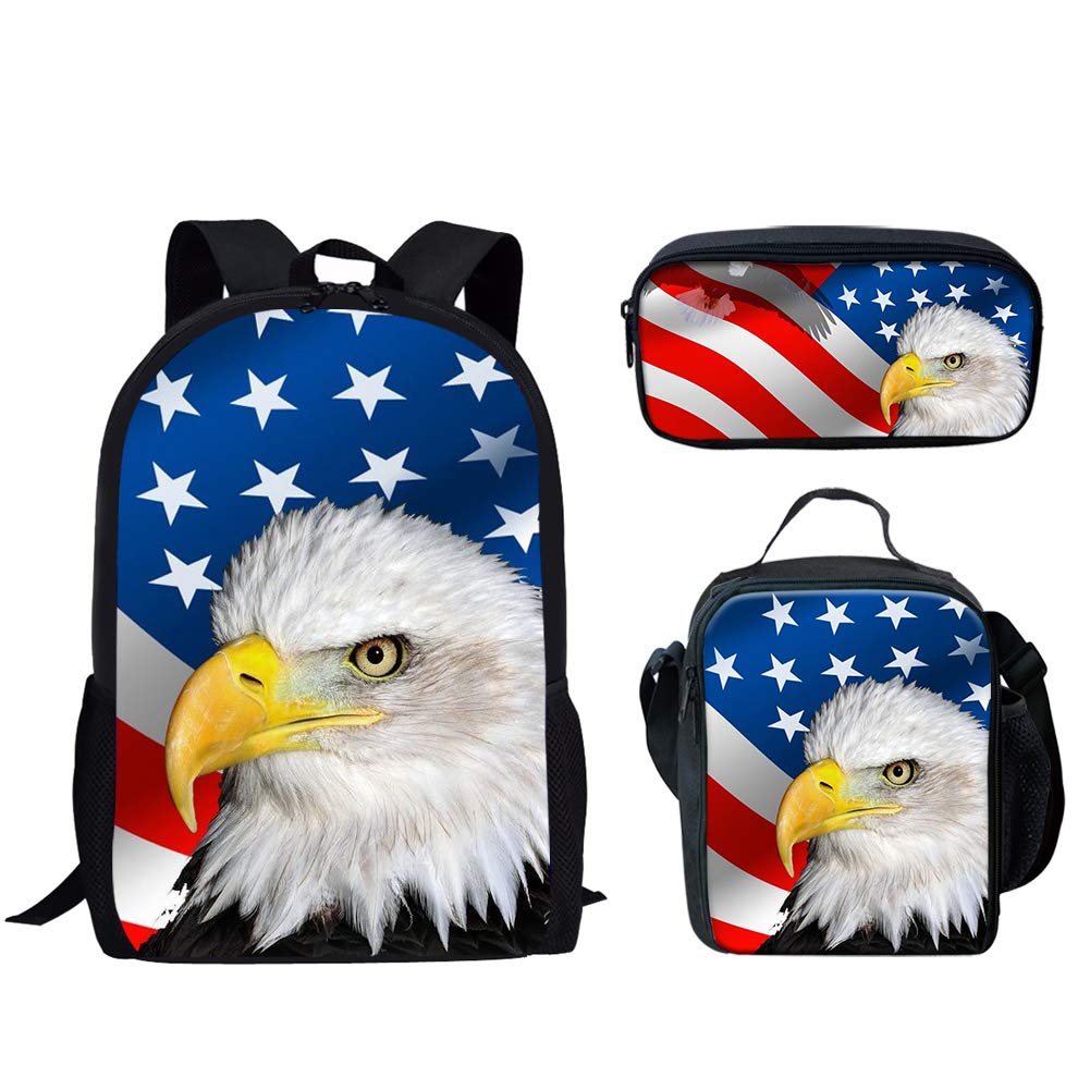 UNICEU Eagle American Flag Backpack for Teens - Durable School Bookbag with Lunch Bag & Pencil Pouch - Perfect for High School, College, Travel & Outdoor Activities