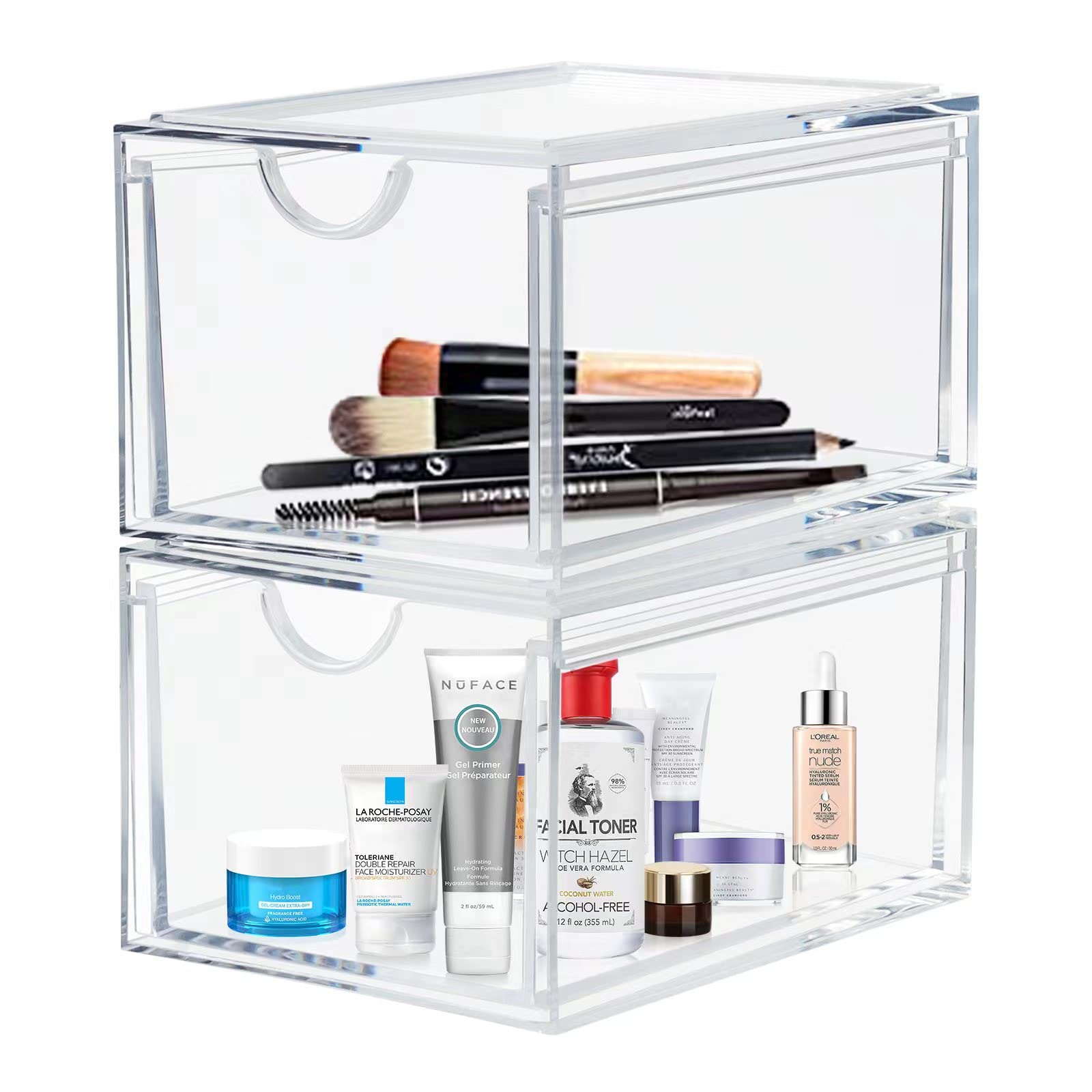 Stackable Acrylic Makeup Organizer - Set of 2 Clear Drawers for Bathroom & Bedroom Storage