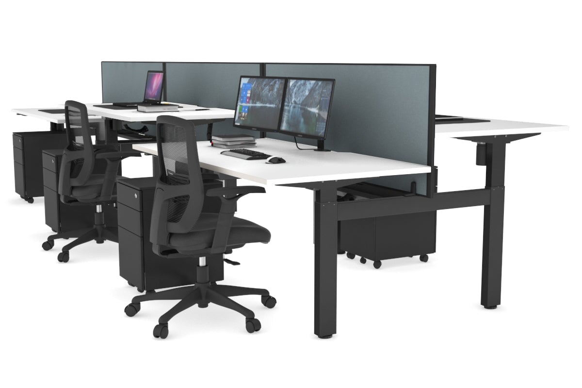 Just Right Height Adjustable 6-Person H Bench Workstation - Black Frame [1600L x 800W with Cable Management] - Perfect for Office, Coworking Spaces & Home Offices