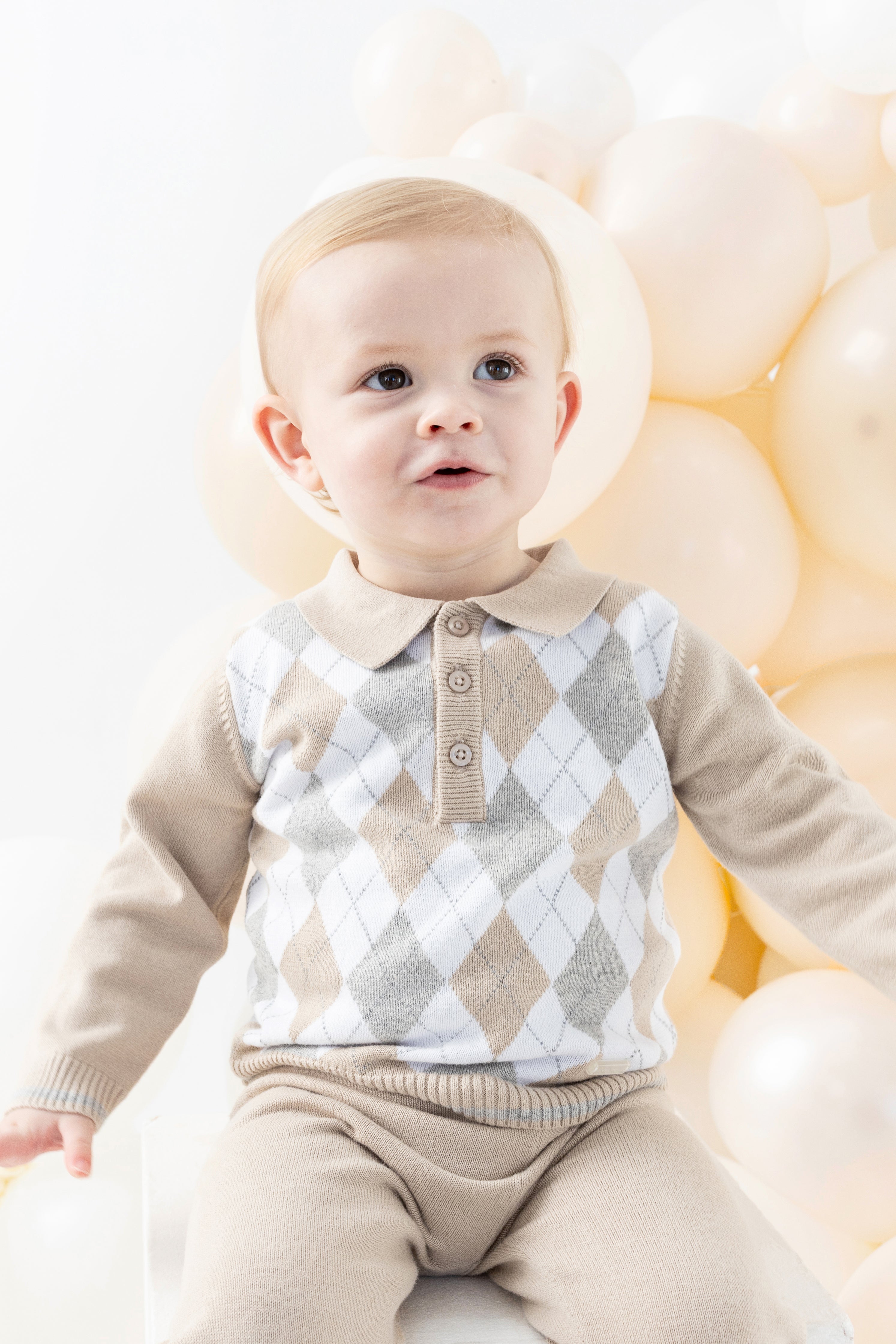 Xavier Beige & Grey Argyle Knit Sweater & Pants Set - Stylish Casual Outfit for Work, Date Night & Fall Fashion