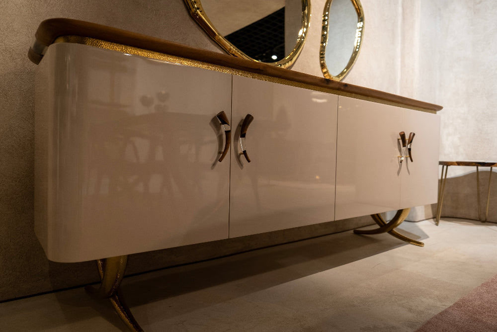 Modern Walnut and Resin Credenza Sideboard - Ivory Collection | Mid-Century Style TV Stand, Entryway Storage, Dining Room Buffet