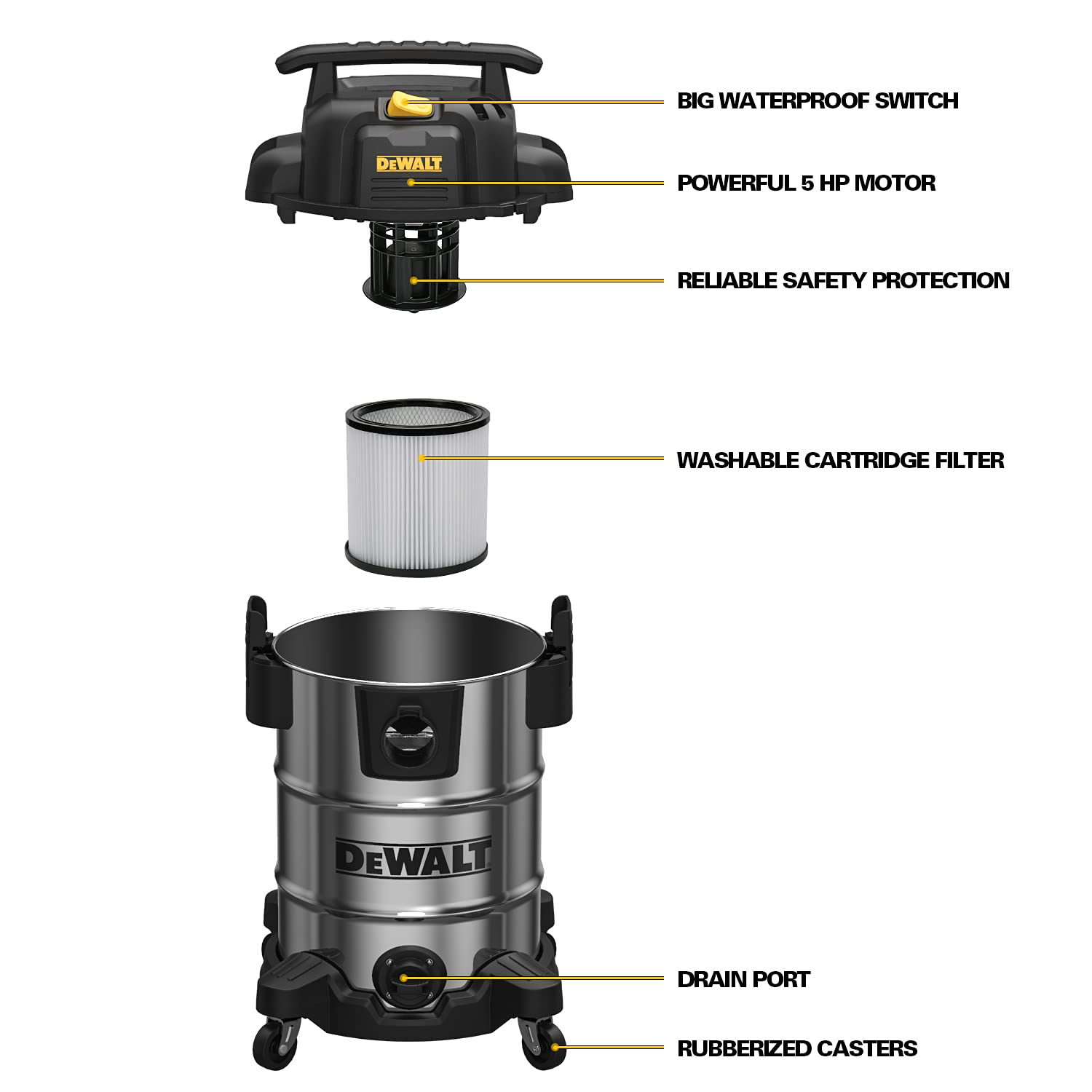 DEWALT DXV08S 8 Gallon Wet/Dry Vacuum Cleaner - 4 Peak HP Powerful Shop Vac with Stainless Steel Tank - Ideal for Home, Garage, Workshop, and Construction Site Cleaning
