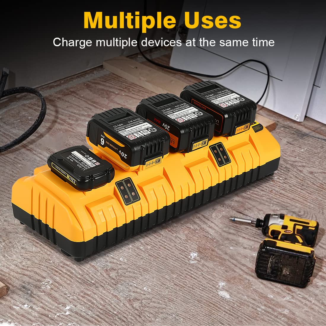 DCB104 20V Battery Charger & 3-Pack Replacement Batteries for Dewalt Power Tools - Fast Charging Station for Cordless Drills, Saws, and Outdoor Power Equipment