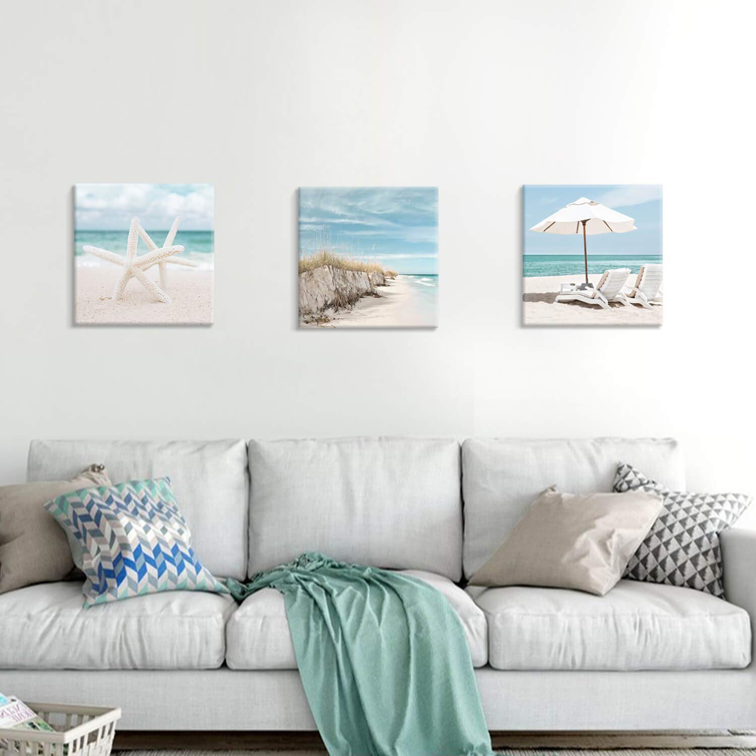 Coastal Canvas Wall Art Print - Starfish & Beach Chairs on Sand Artwork for Home Decor | 16x16 Inch Set of 3 | Perfect for Bedroom, Living Room, or Beach House Wall Decor
