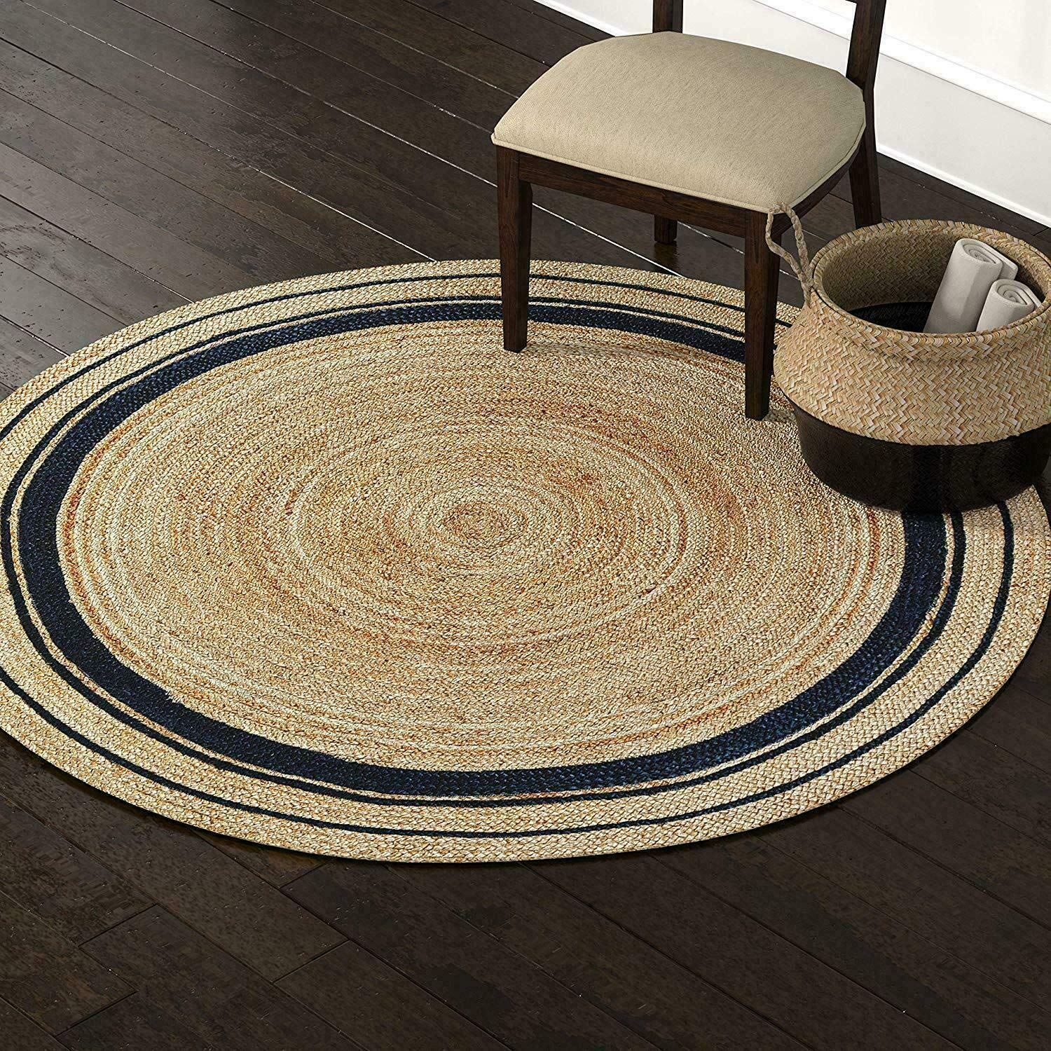 Handwoven Jute Area Rug - Natural Braided Round Rug for Bedroom, Kitchen, Living Room & Farmhouse Decor (7x7 Feet, Black Border) - Perfect for Boho, Coastal & Rustic Home Styles