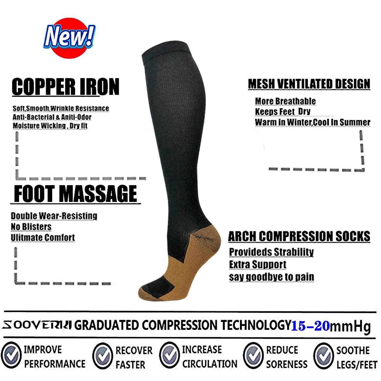 Graduated Copper Compression Socks for Men & Women - 15-20mmHg Medical Grade Support (8 Pairs) - Best for Running, Cycling & Athletic Performance - Improve Blood Circulation & Reduce Swelling - Perfect for Travel, Workouts & Recovery