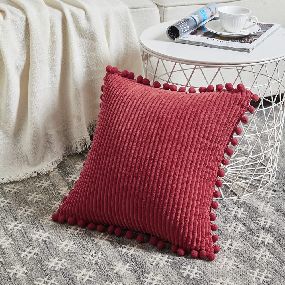2 Pack Christmas Burgundy Decorative Throw Pillow Covers 18x18 Inch (45x45 cm) - Soft Corduroy Square Cushion Cases with Pom Poms for Couch, Bed & Living Room - Festive Holiday Home Decor for Xmas Tree & Fireplace Settings