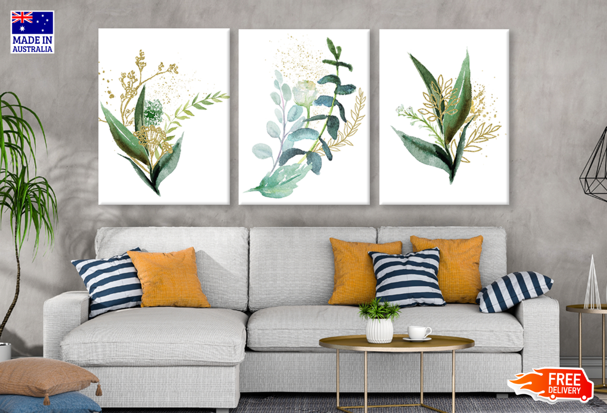 3-Piece Watercolor Floral Green & Gold Leaf Branches Wall Art Canvas - High Quality Print, 100% Australian Made, Ready to Hang - Perfect for Living Room, Bedroom & Office Decor