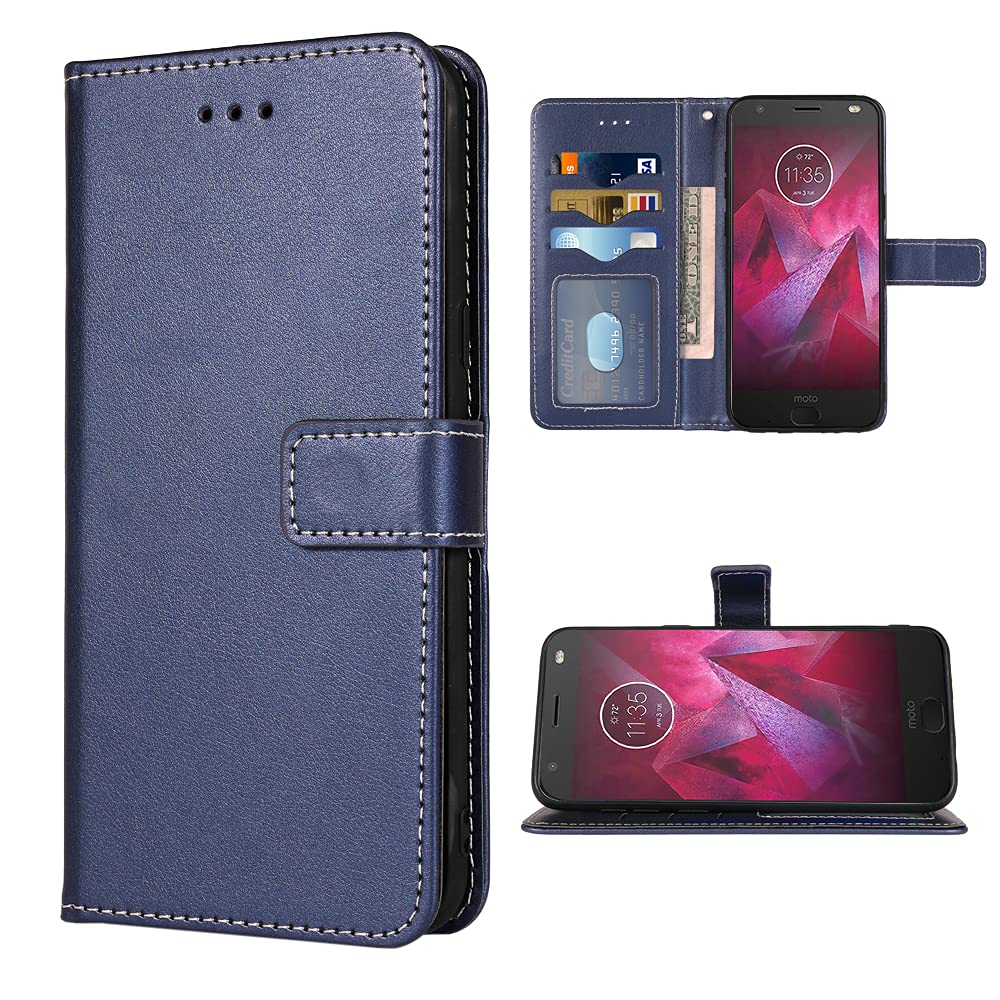 Premium Leather Flip Wallet Case with Card Holder & Wrist Strap for Moto Z2 Force - Compatible with Motorola MotoZ2Force Droid MotoZ2 Z2Force Z2 2Z (Blue) | Protective Phone Cover with Stand Feature for Daily Use & Travel