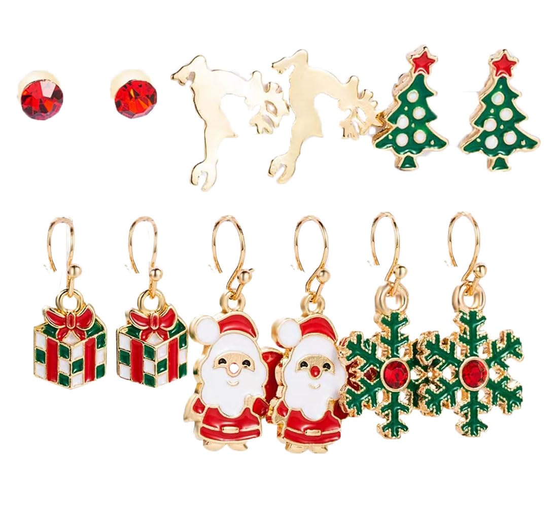 6 Pairs Christmas Stud Earrings for Women - Festive Holiday Jewelry Set with Snowflake, Santa, Reindeer & Snowman Designs - Perfect Gift for Christmas, Parties & Stocking Stuffers