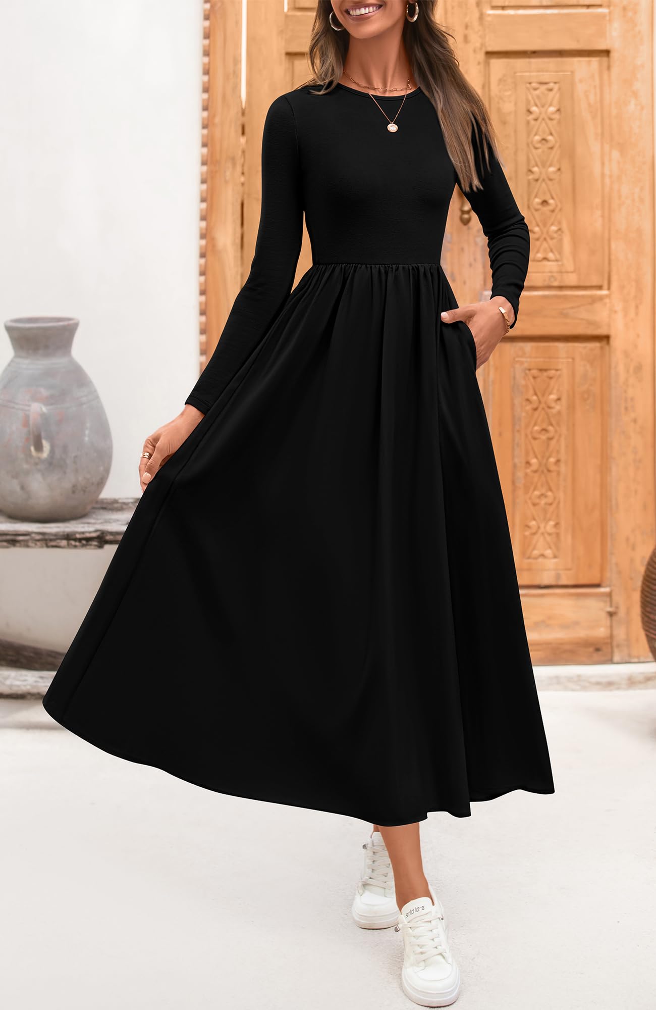 BTFBM Women's Casual Long Sleeve Bohemian Midi Dress - Flowy Spring Wedding Guest Dress 2025 | Perfect for Garden Parties, Bridal Showers & Date Nights