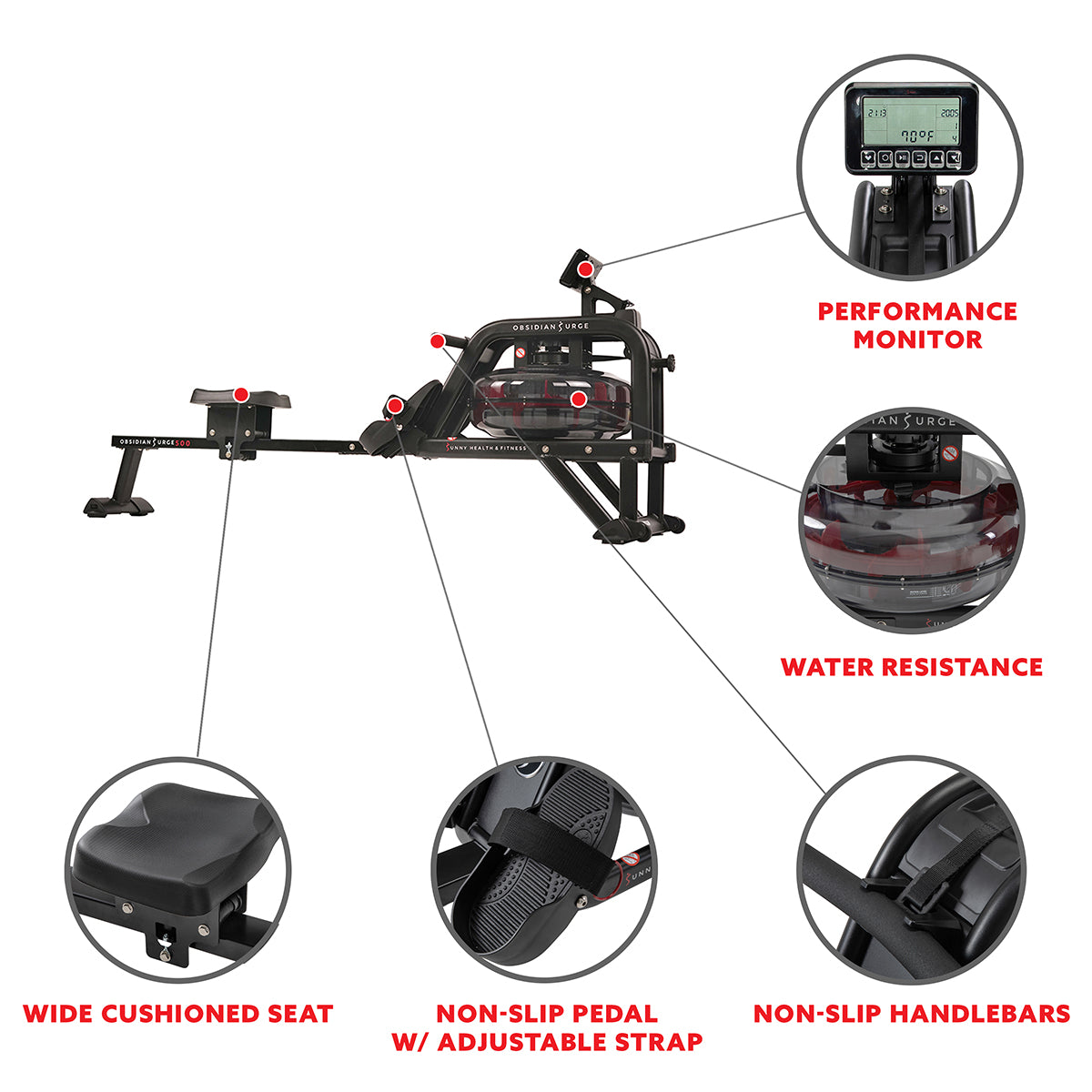 Obsidian Surge Water Rowing Machine with LCD Monitor - Full Body Workout Rower for Home Gym, Cardio & Strength Training | Perfect for Small Spaces & Indoor Fitness