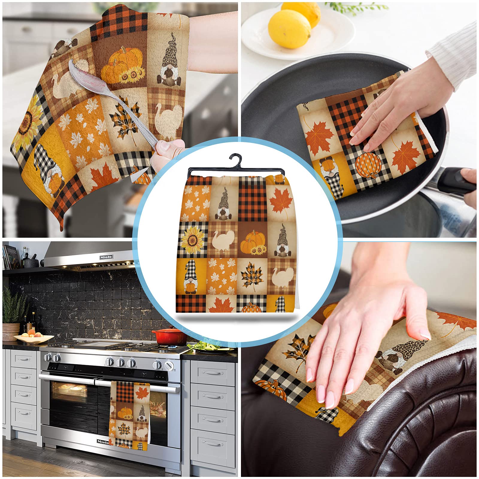 Premium Microfiber Kitchen Towels Set of 4 - Super Absorbent Reusable Dish Cloths (18x28 Inch) for Drying Dishes, Thanksgiving Decor & Holiday Kitchen Decorations - Pumpkin, Turkey, Maple Leaves, Sunflower, Gnome & Plaid Patterns - Perfect for Daily Cleaning, Hosting & Seasonal Home Decor