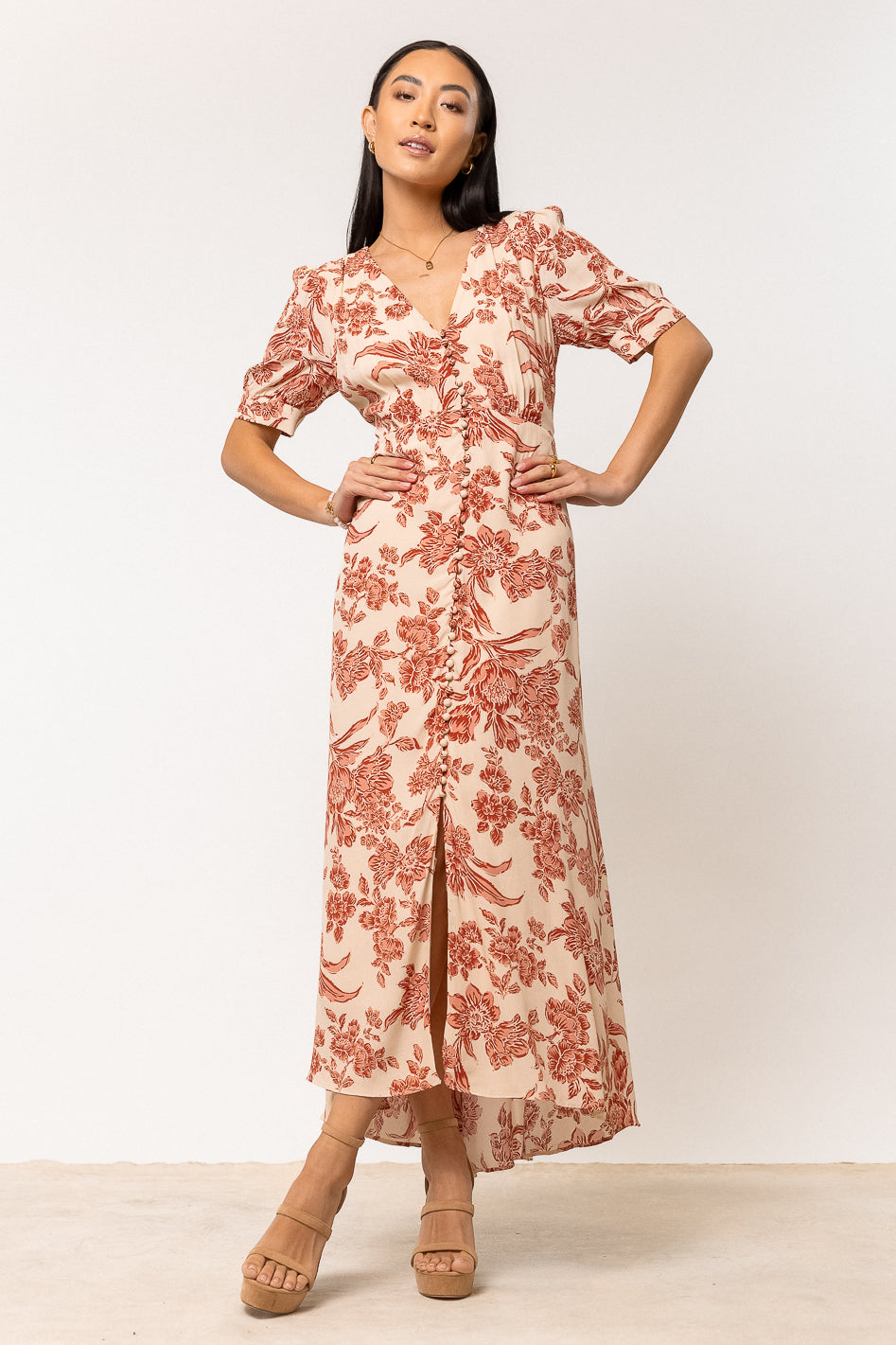 Lia Floral Print Midi Dress in Rust - Elegant Boho Summer Dress for Women, Perfect for Weddings, Parties & Casual Outings