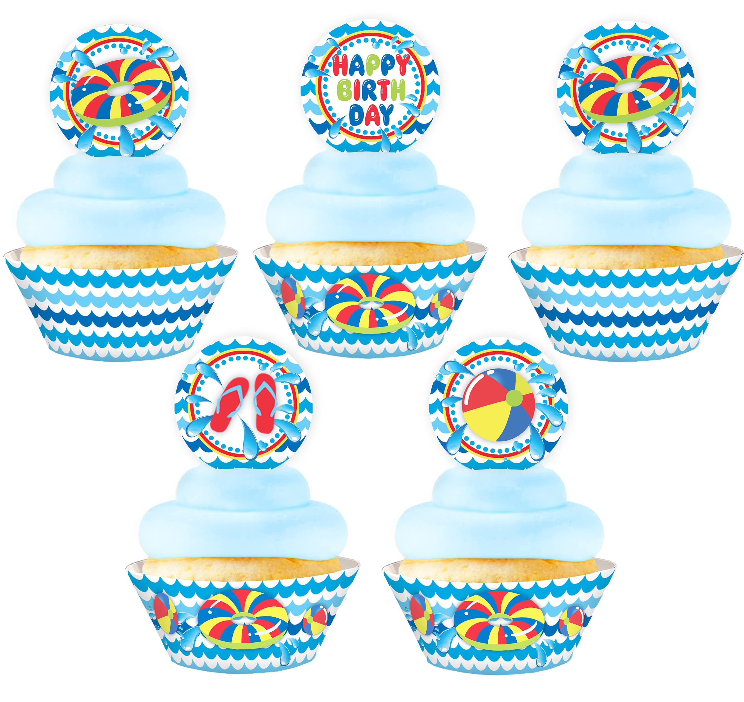 Pool Party Cupcake Toppers & Wrappers Set - 24 Toppers + 24 Wrappers - Summer Pool Party Decorations - Water Theme Birthday Party Supplies - Classic Baking Accessories for Poolside Celebrations, Beach Parties & Kids Birthday Decor