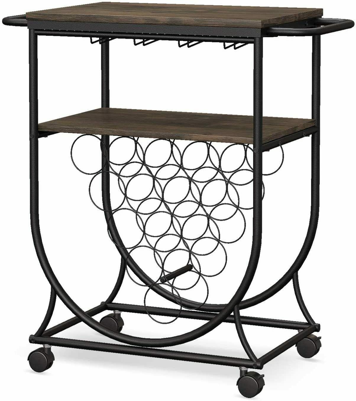 Guie Home Bar Serving Cart with 15-Bottle Wine Rack & Glass Cup Shelf - Mobile Kitchen Trolley with Wheels & Handle for Dining Room, Living Room, or Outdoor Entertaining