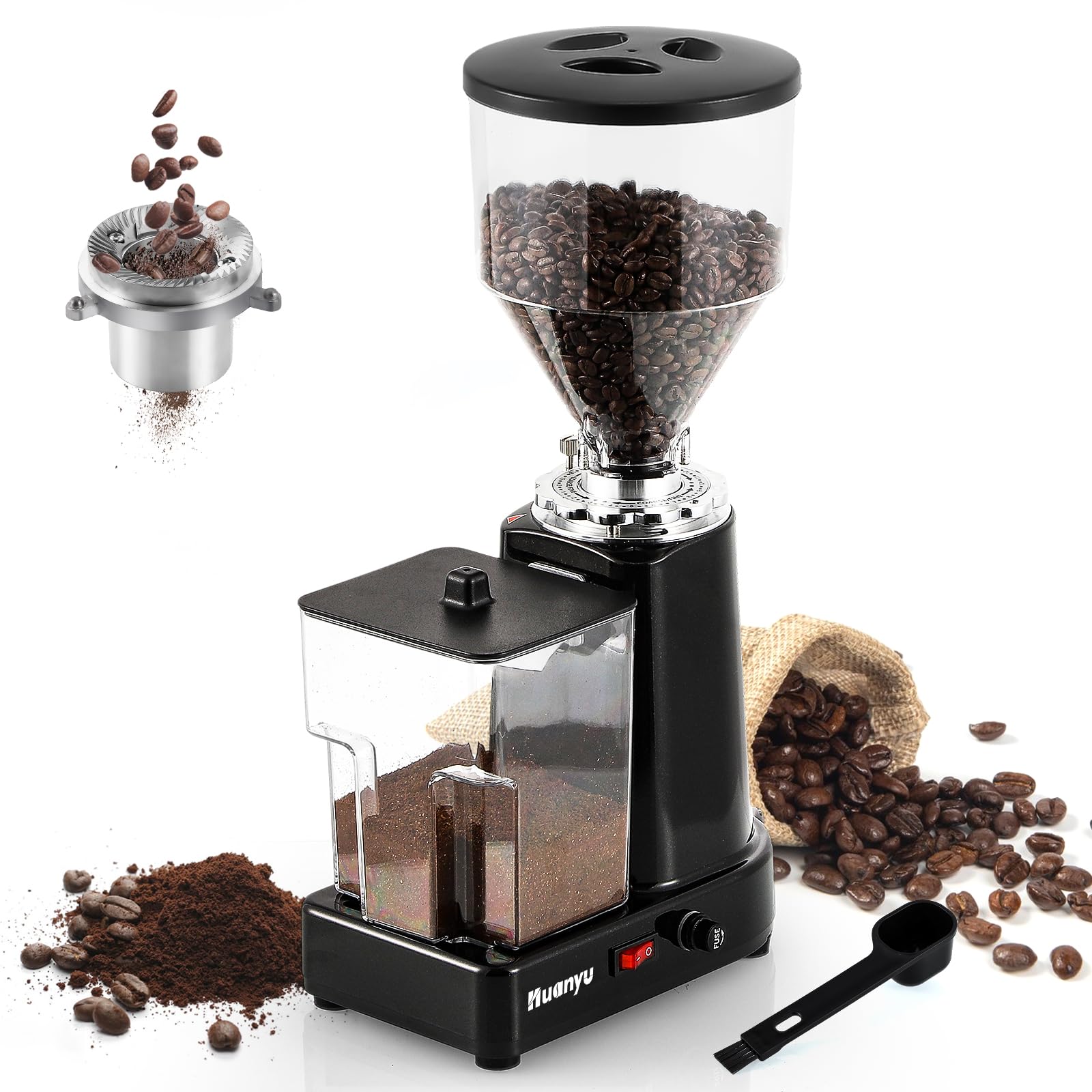 Premium Huanyu Electric Flat Burr Coffee Grinder - 19 Adjustable Grind Settings, 35oz Large Capacity for Fresh Beans - Perfect for Home Baristas & Coffee Shops (Black) | Ideal for Espresso, French Press & Cold Brew Preparation