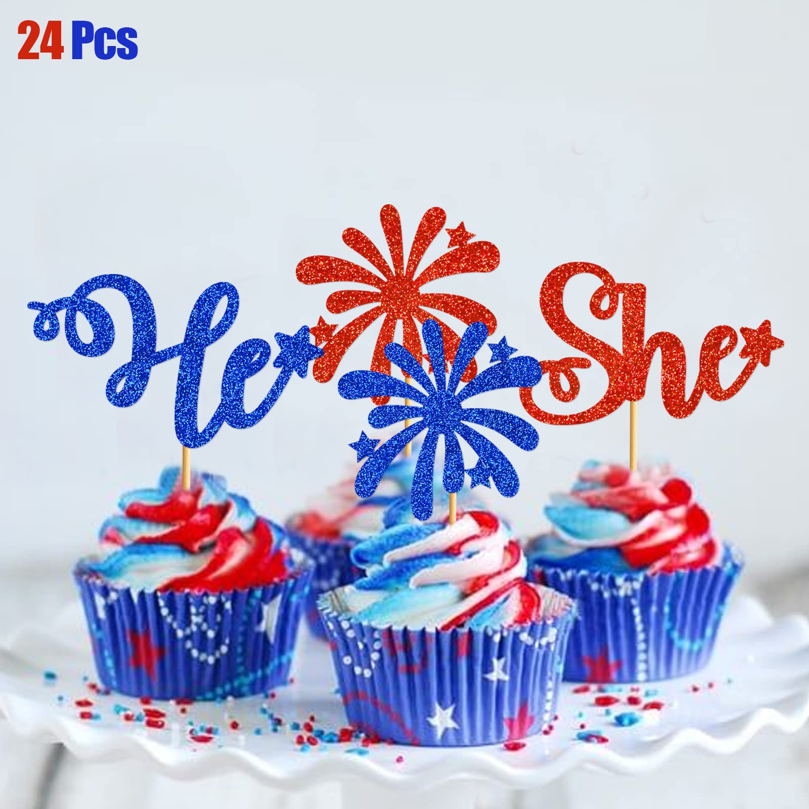 4th of July Gender Reveal Cupcake Toppers - Patriotic Red White Blue Cupcake Decorations for Baby Shower, Independence Day Party & Gender Reveal Celebration - Set of 24
