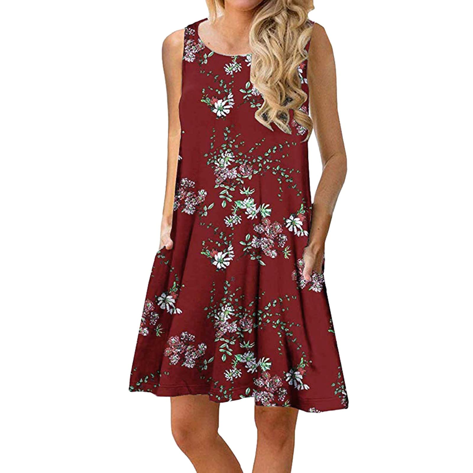 Women's Summer Casual Loose Sleeveless Pullover Dress with Printed Pocket - Elegant Swing Round Neck Dress for Beach, Vacation & Daily Wear